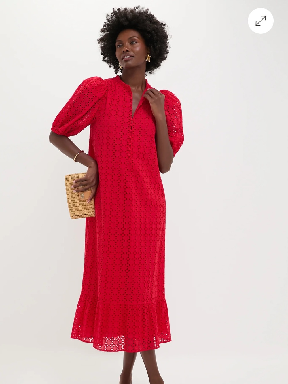 Red Eyelet Puff-Sleeve Midi Dress with V-Neck